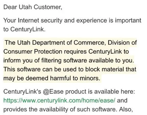 CenturyLink is blocking its customers' internet while saying Utah legislators told them to